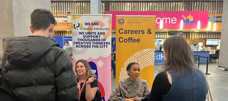 Students talking to employers at Careers & Coffee