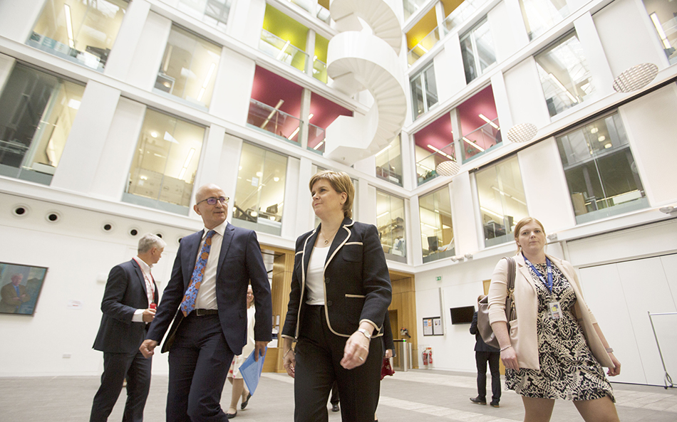 Prof Charlie Jeffery and First Minister Nicolas Sturgeon walk through the Informatics Forum